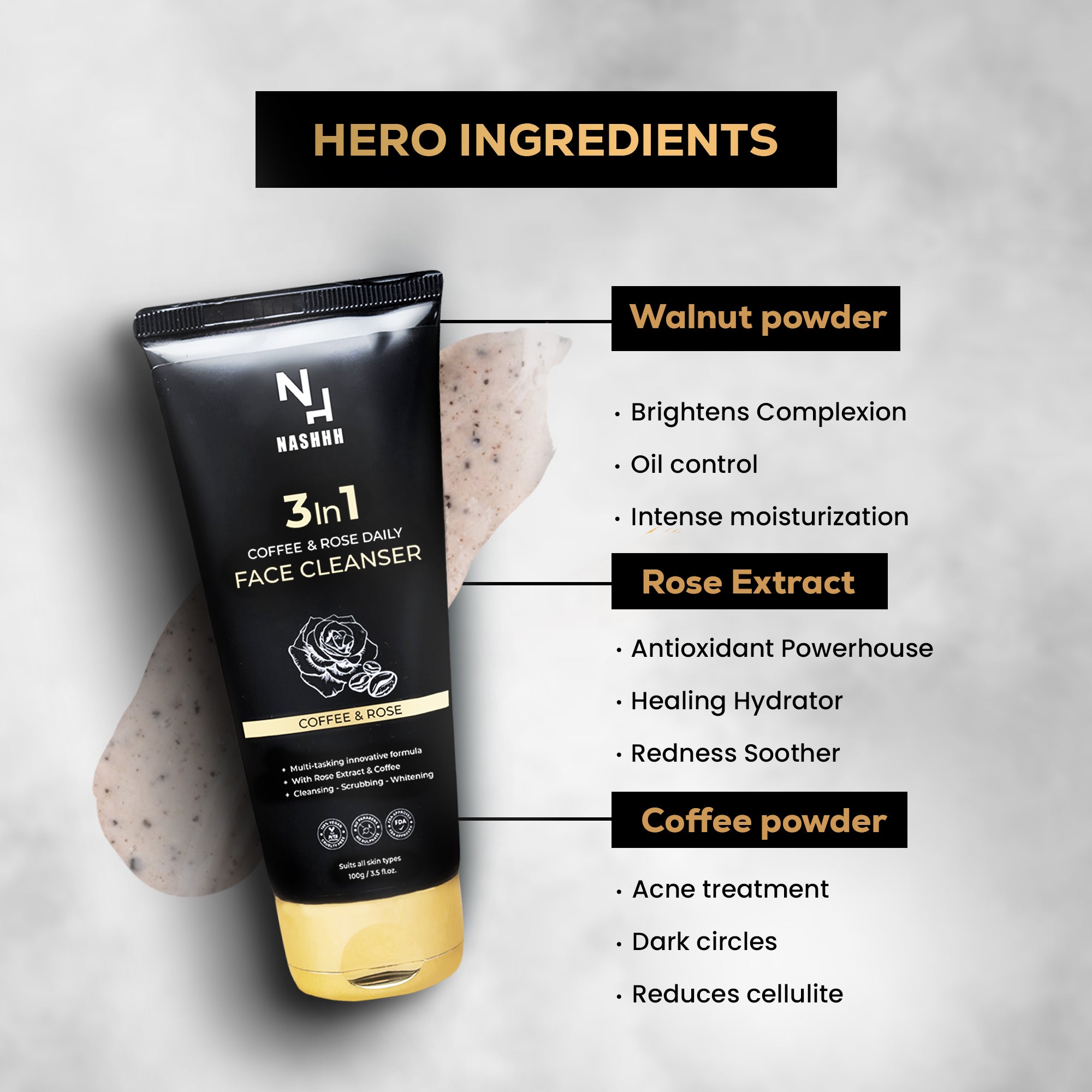 Nashhh- 3 In 1-Coffee & Rose-Daily Face Cleanser (100g)